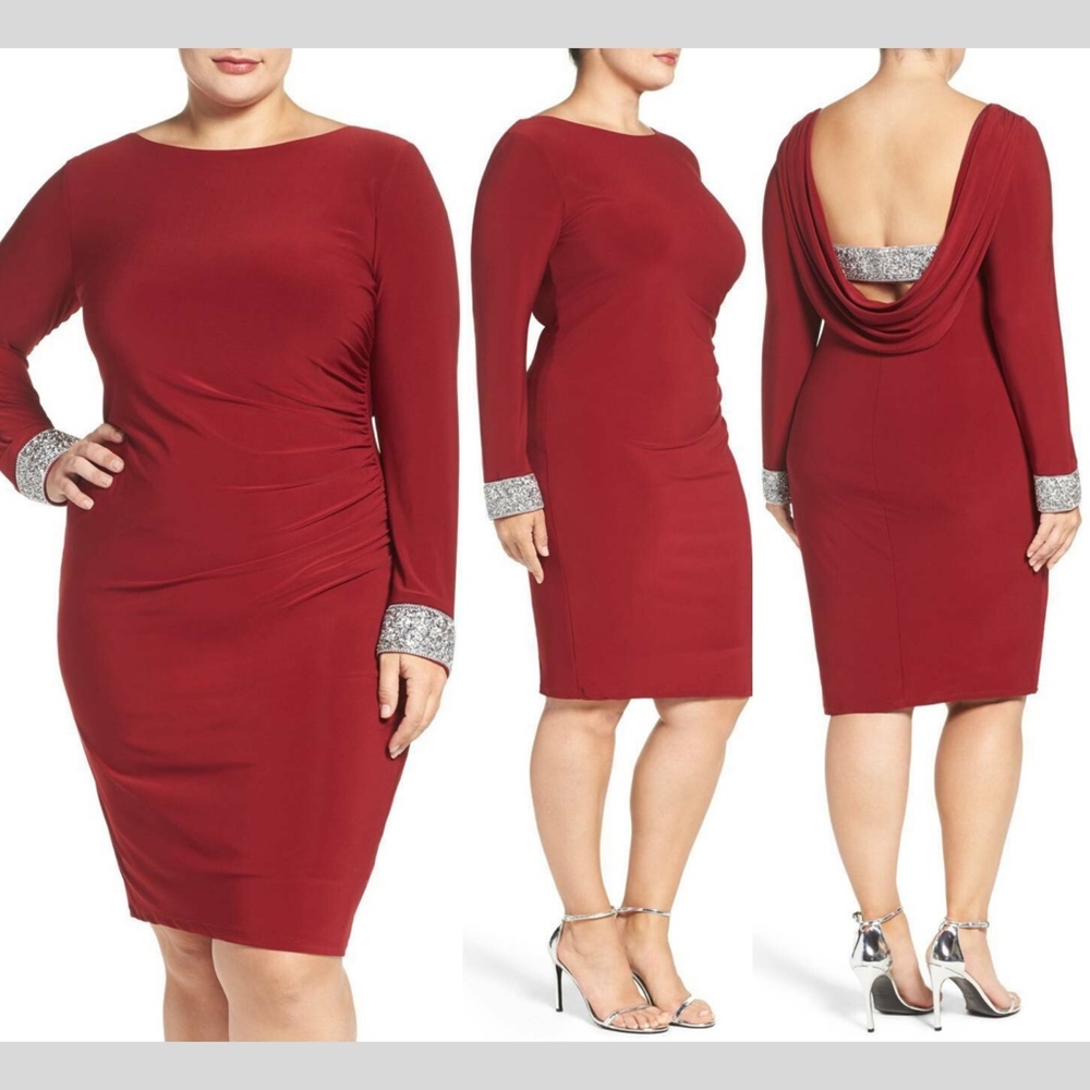 NWT Marina Embellished Drape Back‎ Jersey Cocktail Dress Red [SZ 20W ]